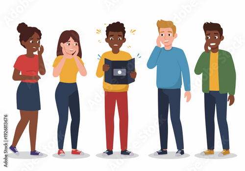 Shocked diverse group of young adults reacting with surprise and anxiety to unexpected bad news being read from a document.