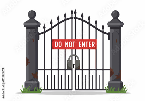 Vector illustration of a locked metal gate with a red "Do Not Enter" sign, indicating restricted access or private property boundary.