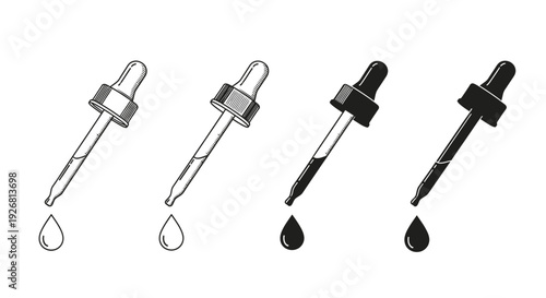 Four dropper pipettes with single drops of liquid on white background