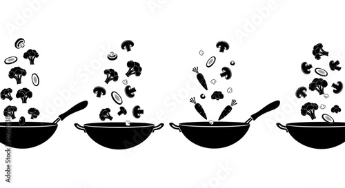 Silhouette of three frying pans with vegetables flying out  cooking process illustration