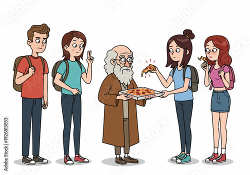 Elderly mentor or professor archetype distributing pizza slices to curious young college students.