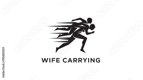 A black silhouette of a man carrying a woman while running, depicted in dynamic motion against a clean white background.