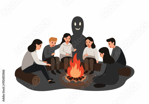 Group of friends telling spooky stories around a campfire, featuring a terrifying ghost shadow looming behind them.