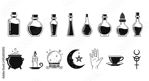 Witchcraft magic potions bottles cauldron crystal ball candle moon star palmistry coffee cup symbols isolated on transparent background