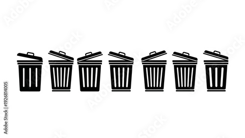 Six black trash cans with open lids in a row.