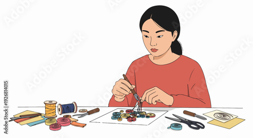 Illustration of a focused young woman crafting detailed handmade art using rolled colorful fabric and thread, surrounded by craft supplies.
