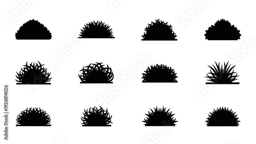 Collection of various black silhouettes of bushes and shrubs.