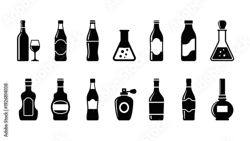 Collection of various black and white bottle icons.
