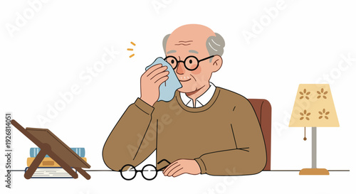 Elderly man wiping eyes or cleaning glasses while sitting at a desk with books, illustrating senior vision care and comfortable retirement.