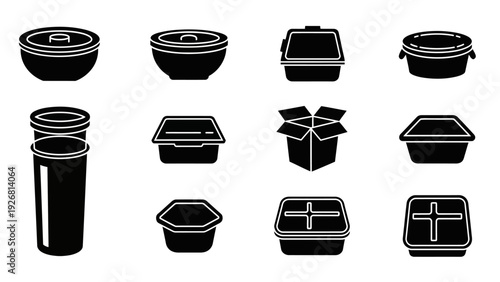 Collection of black and white food container icons.