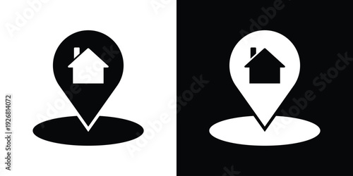Minimalist map marker icon containing a house silhouette. Perfect for real estate navigation, homepage location, residential address tracking, and property search interfaces.