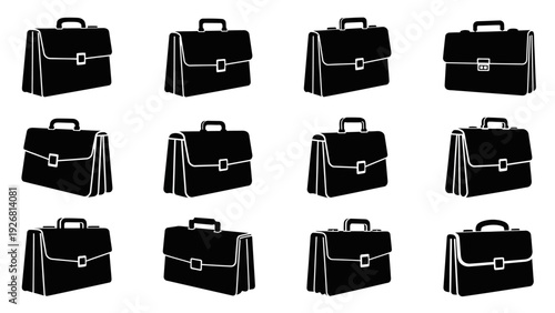 Collection of black briefcases in various designs arranged in a grid pattern.