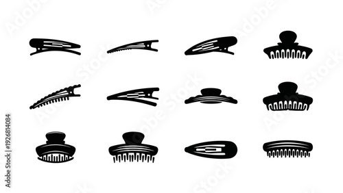 Collection of various black hair clips and accessories on white background.