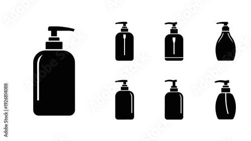 Collection of black silhouettes of various soap dispenser bottles.