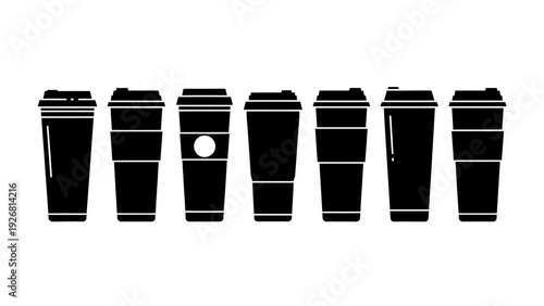 Seven black coffee cups with lids and sleeves in a row.