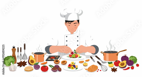 Experienced chef busy preparing and plating food, surrounded by kitchen tools, organic ingredients, and hot pots.