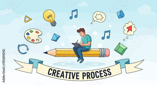 Creative process illustration showing young designer sitting on giant pencil surrounded by music notes, light bulb and abstract shapes. Modern flat vector artwork representing imagination, artistic wo