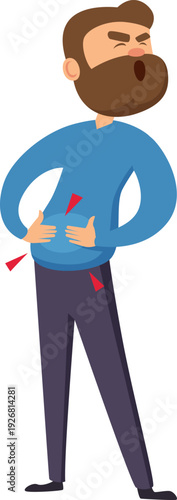 Abdominal cramp symptom cartoon icon. Man suffer from pain