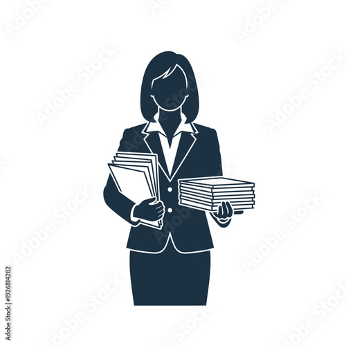 Businesswoman Holding Documents Icon. Female Professional with Paperwork. Office Administration, Data Management, and Productivity Concept Vector.