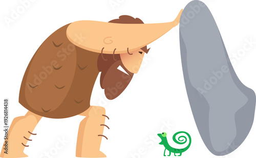 Prehistoric man uplift rock. Gathering ancient person