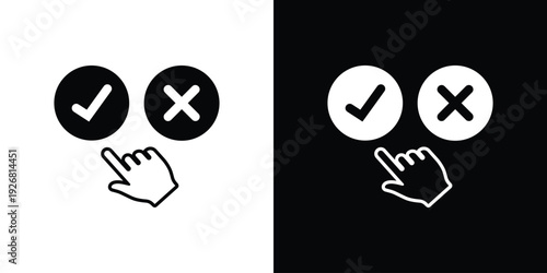 Hand icon pointing toward a checkmark and cross symbol. Illustrates decision-making, user voting, approval processes, and choosing between correct or incorrect options.