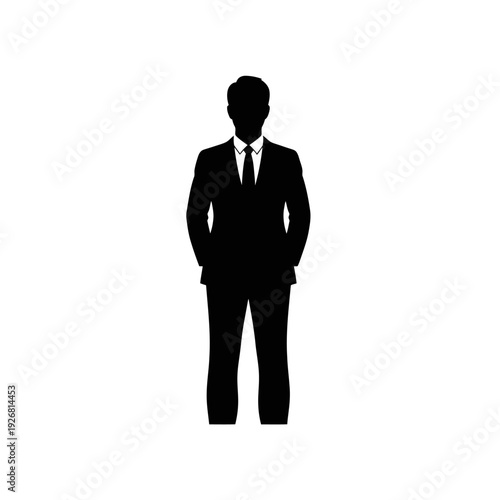 Professional Businessman Silhouette in Suit and Tie Icon. Elegant Corporate Male Figure with Hands in Pockets. Vector Graphic for Business Concepts.