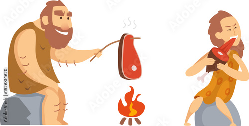 Eating ancient man and woman. Caveman prepare meat on fire