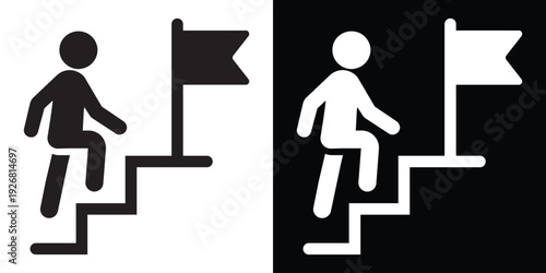 Silhouette of a person climbing stairs toward a flag. Represents career progression, achieving business goals, personal motivation, and reaching the top of a challenge.