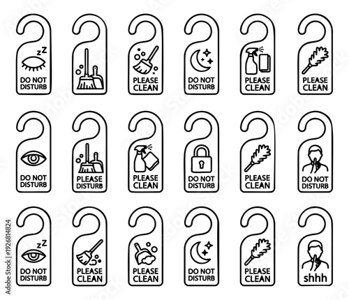 Line art hotel door signs set featuring do not disturb and please clean messages with various icons for guest services