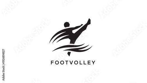 A sleek black footvolley player logo silhouette in mid-kick against a white background, conveying energy and motion.