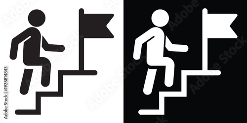 Silhouette of a person climbing stairs toward a flag. Represents career progression, achieving business goals, personal motivation, and reaching the top of a challenge.