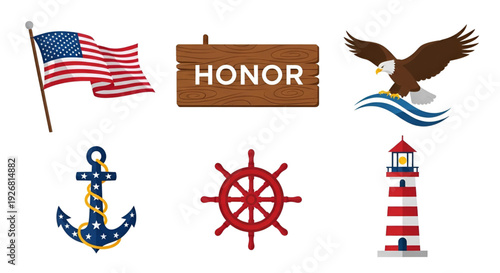 Patriotic symbols american flag eagle anchor lighthouse honor sign
