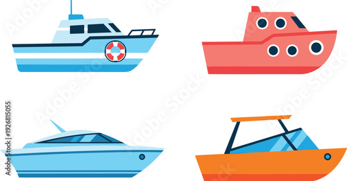 Motor Boat and Yacht Icon Set Featuring Small Ships, Speedboats, and Leisure Watercraft for Marine Transport, Tourism, and Vector Illustration Design