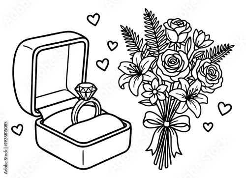 Hand drawn line art romantic set featuring an engagement ring in a box, a flower bouquet, and hearts for a marriage proposal
