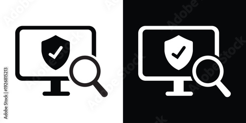 Icon of a shield with a checkmark on a computer screen and a magnifying glass. Concept for security audits, malware scanning, data protection verification, and safe browsing technology.