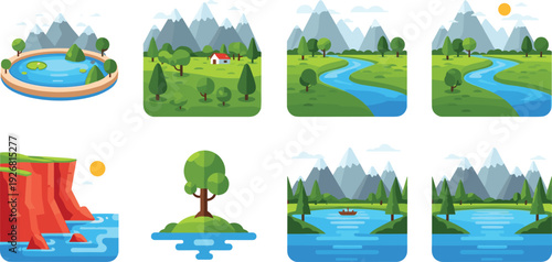 Nature Landscape Icon Vector Set Featuring Rivers, Lakes, Mountains, Trees, Forests, and Scenic Outdoor Environments for Map, Game, and Travel Designs