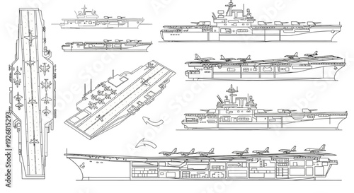 Aircraft Carrier Ship Technical Drawings Various Views.