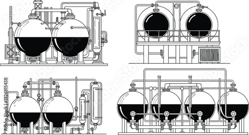 Industrial chemical processing plant tanks and machinery illustration showing pressure vessels pipes and valves isolated on white background engineering factory vector collection