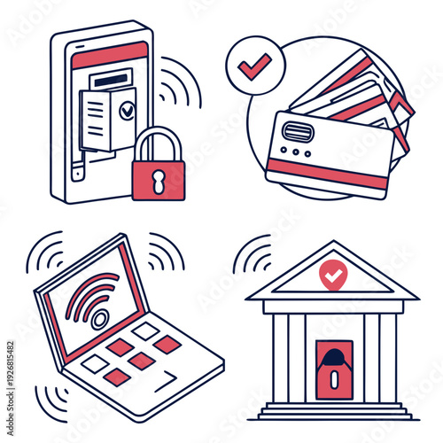 Secure Digital Transactions: Phone Payment, Cards, Laptop, Bank Icon