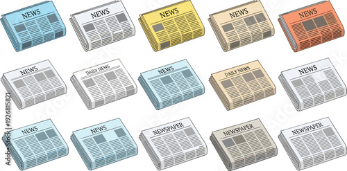 Newspaper Vector Set Featuring Folded Daily News Papers in Different Colors for Journalism, Media, Press, Publishing, and Information Design Projects