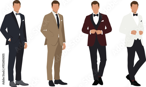 Formal menswear fashion illustration, stylish suits collection, modern men’s attire, business clothing design, elegant outfit styles, professional wardrobe, fashion concept, lifestyle