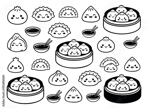 Hand drawn line art dim sum set featuring happy steamed dumplings and sauce bowls for asian cuisine design