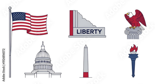 Set of American landmarks and symbols for patriotic theme