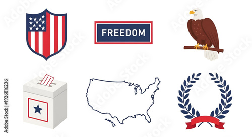 American patriotic symbols set with shield, eagle, ballot box, map and wreath