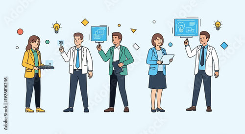 Professionals brainstorming innovative ideas with lightbulbs and digital devices