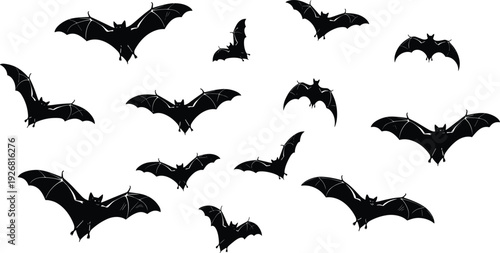 Collection of black bat silhouettes featuring various flying positions and wing spans isolated on white background for Halloween and spooky design