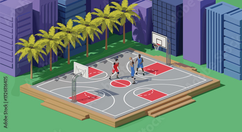 Outdoor Basketball Court Isometric Illustration Showing Street Basketball Game in Urban Park with Players, Hoops, City Buildings, and Palm Trees