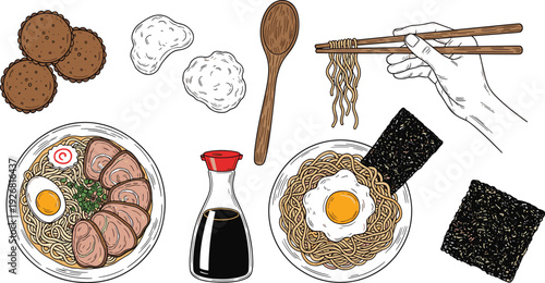 Collection of ramen noodle bowls featuring boiled egg pork soy sauce seaweed chopsticks and crackers isolated on white background for design