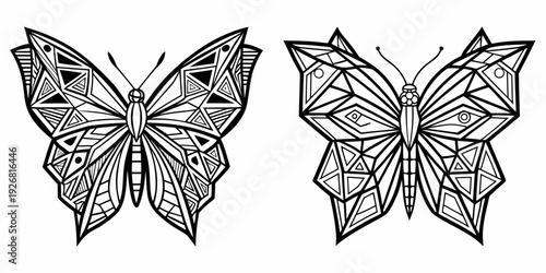 Intricate geometric butterfly design with symmetrical patterns, black and white silhouette