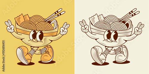 retro ramen noodle bowl mascot character cartoon style. vintage japanese food illustration for streetwear, t shirt design, urban fashion, and stickers